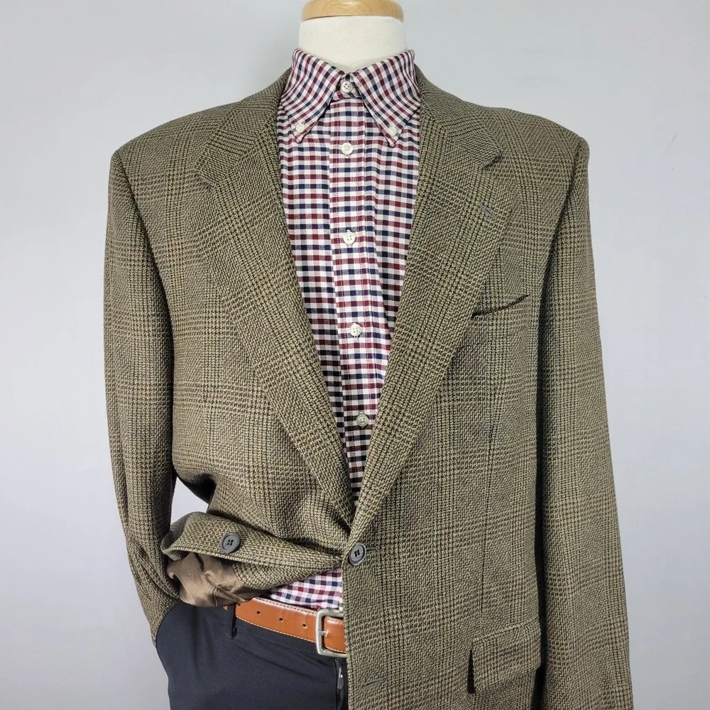 Brandini Le Collezioni Mens Sport Coat Two Button Brown Plaid Silk Wool Size 44L